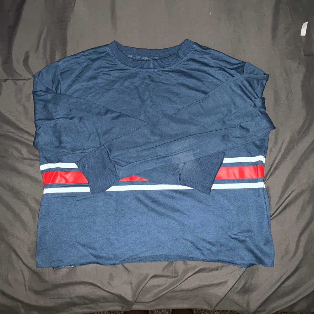 Blue long sleeve with red and white stripes